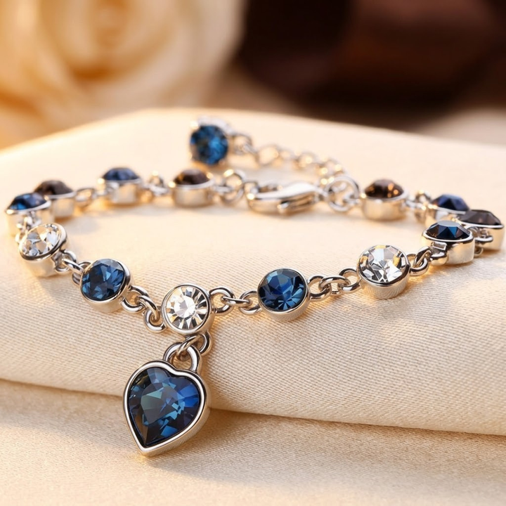 Pulseira de Cadeia com Coração de Safira Prateada