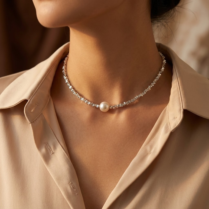 Colar Choker Minimalista de Pérola Prateada